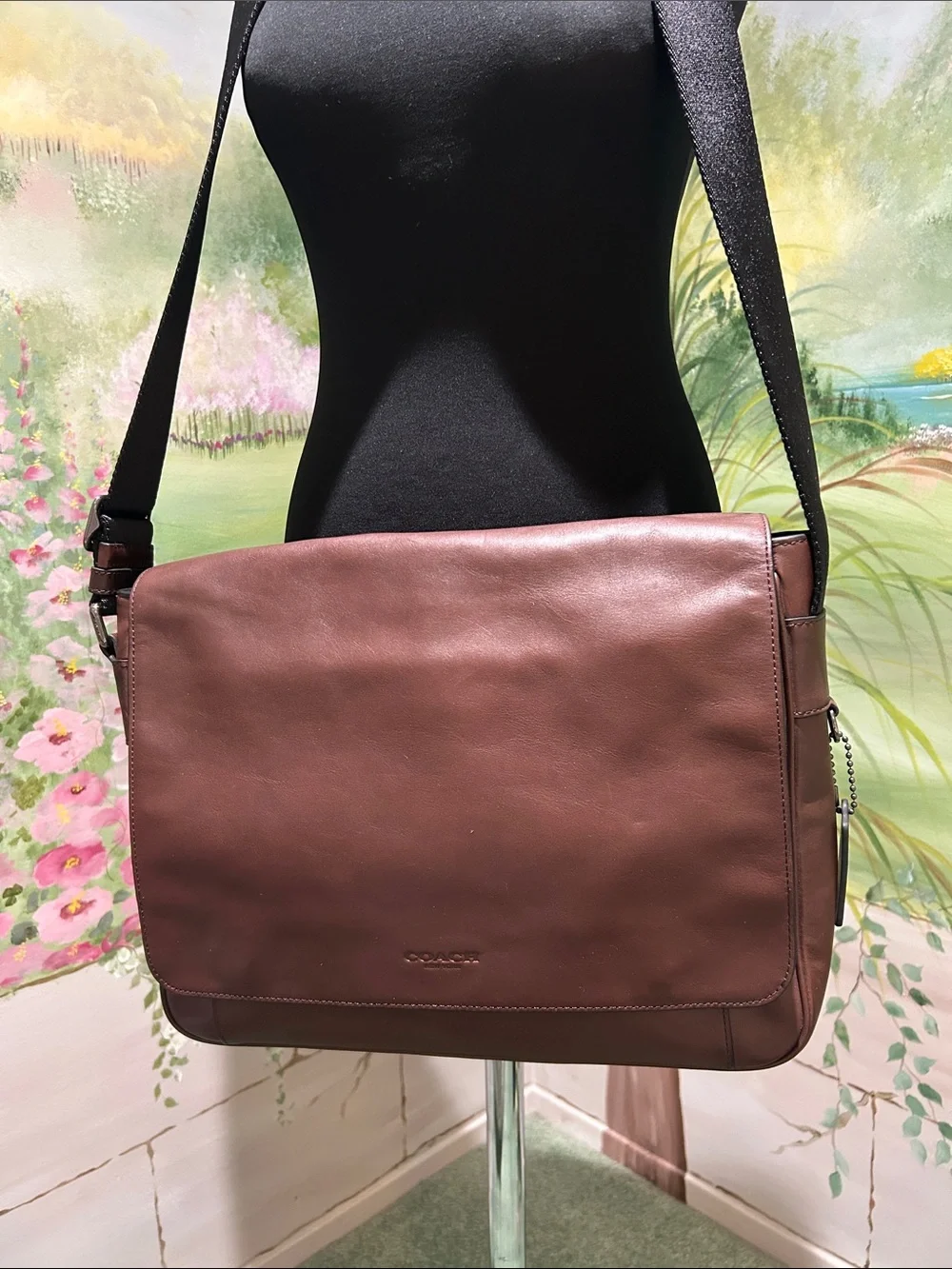 Coach Charles Dark Brown Mahogany Leather Messenger Bag with Black Strap